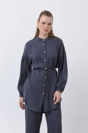 Women's Mandarin Collar and Button Detailed Trouser Suit - 14329TKS