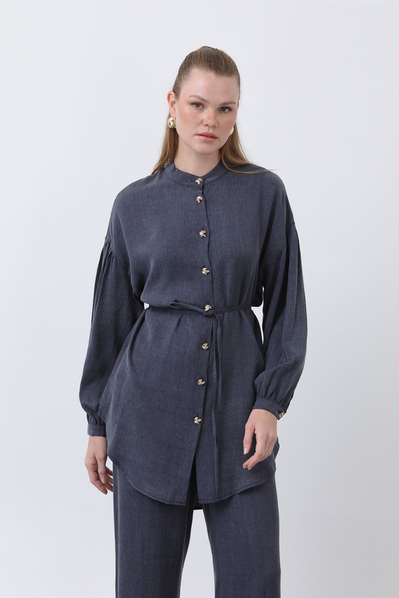 Women's Mandarin Collar and Button Detailed Trouser Suit - 14329TKS