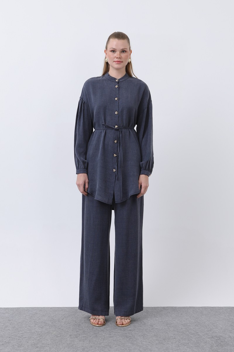 Women's Mandarin Collar and Button Detailed Trouser Suit - 14329TKS
