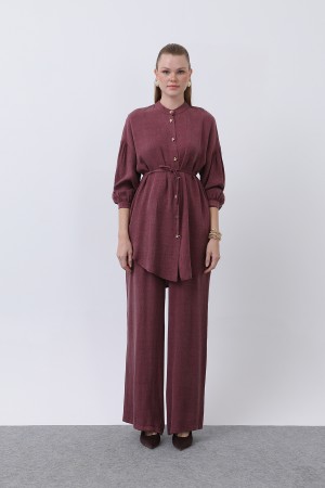 Women's Mandarin Collar and Button Detailed Trouser Suit - 14329TKS