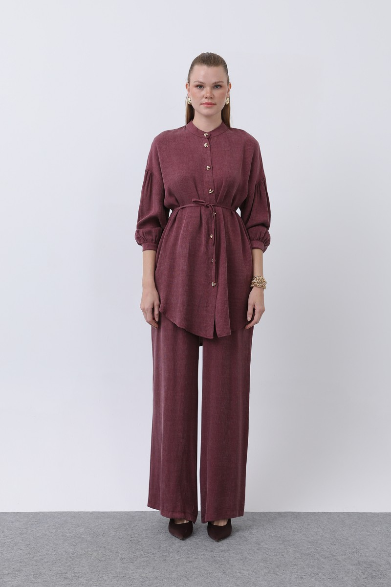 Women's Mandarin Collar and Button Detailed Trouser Suit - 14329TKS