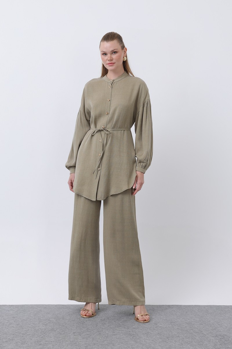 Women's Mandarin Collar and Button Detailed Trouser Suit - 14329TKS