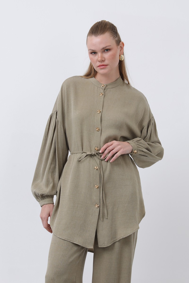 Women's Mandarin Collar and Button Detailed Trouser Suit - 14329TKS