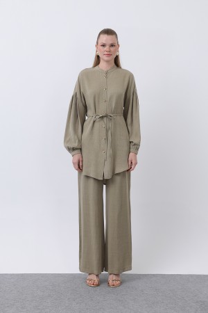 Women's Mandarin Collar and Button Detailed Trouser Suit - 14329TKS