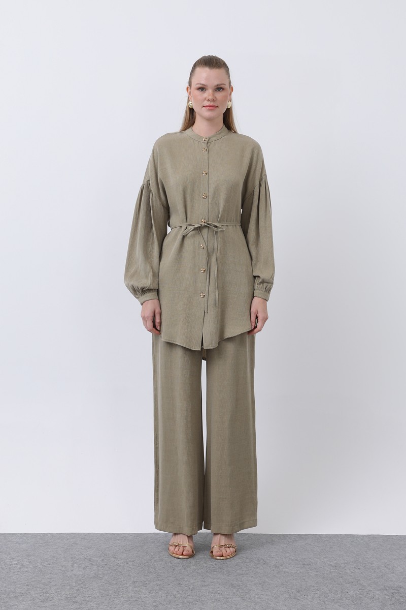 Women's Mandarin Collar and Button Detailed Trouser Suit - 14329TKS