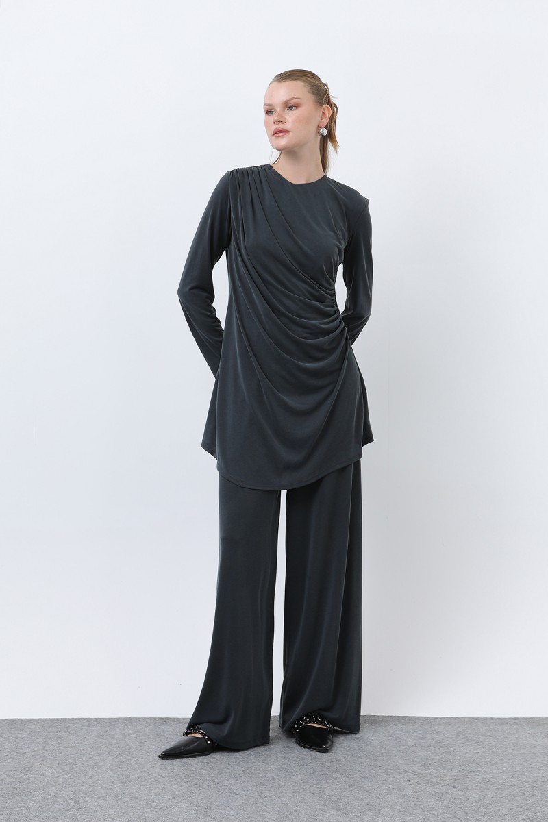 Kadın Drape Detaylı Pantolonlu Takım - 14349TKS