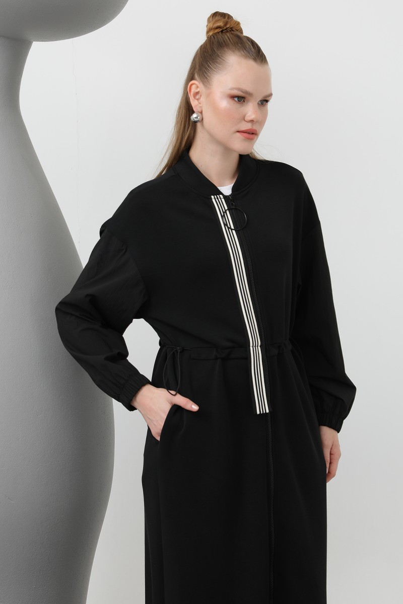 Women's Front Zipper and Ribbon Detailed Waist Gathered Dress - 15198ELB Women's Front Zipper and Ribbon Detailed Waist Gathered Dress - 15198ELB