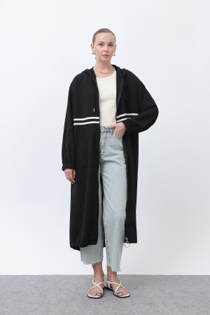 Women's Front Striped Zipper Detailed Coat - 15199HRK