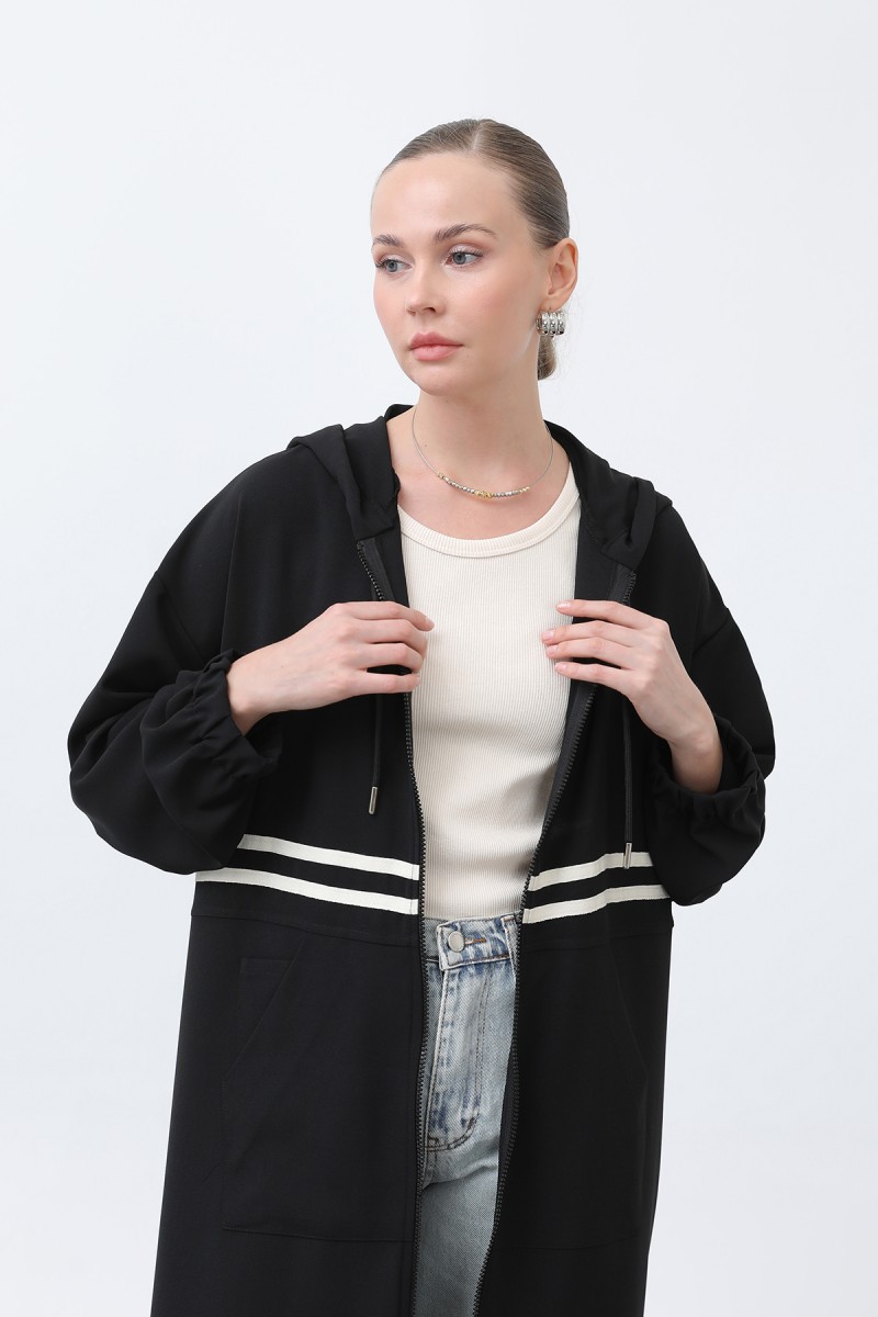 Women's Front Striped Zipper Detailed Coat - 15199HRK