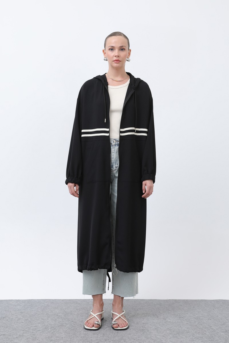 Women's Front Striped Zipper Detailed Coat - 15199HRK