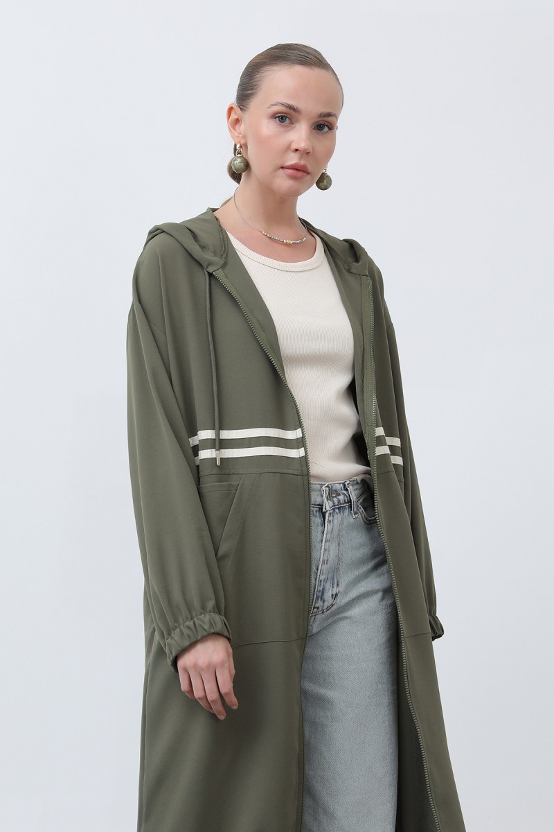 Women's Front Striped Zipper Detailed Coat - 15199HRK Women's Front Striped Zipper Detailed Coat - 15199HRK
