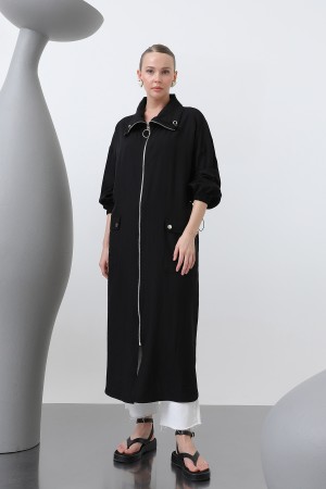Women's Wide Collar Pocket Detailed Zippered Coat - 15202HRK