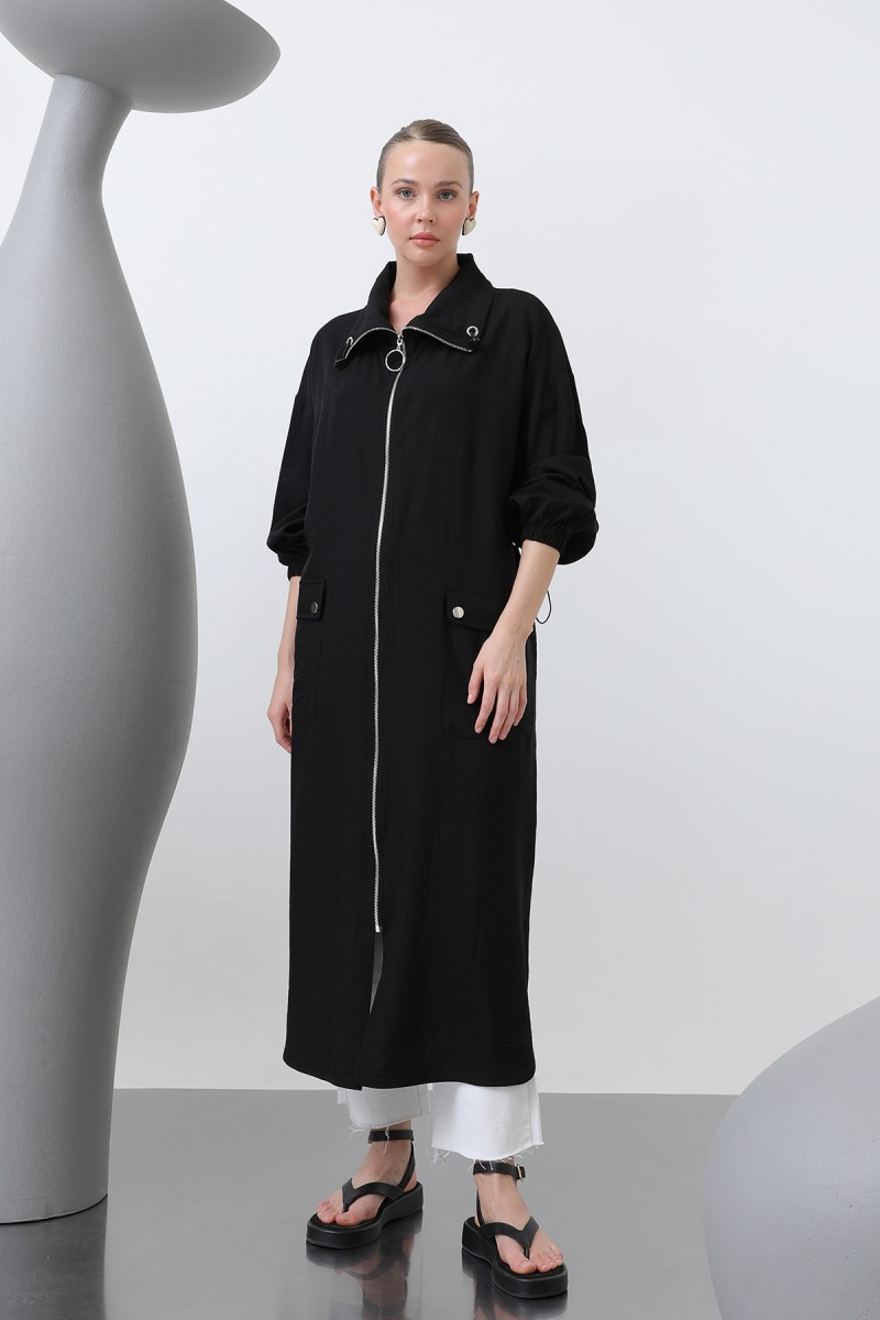 Women's Wide Collar Pocket Detailed Zippered Coat - 15202HRK