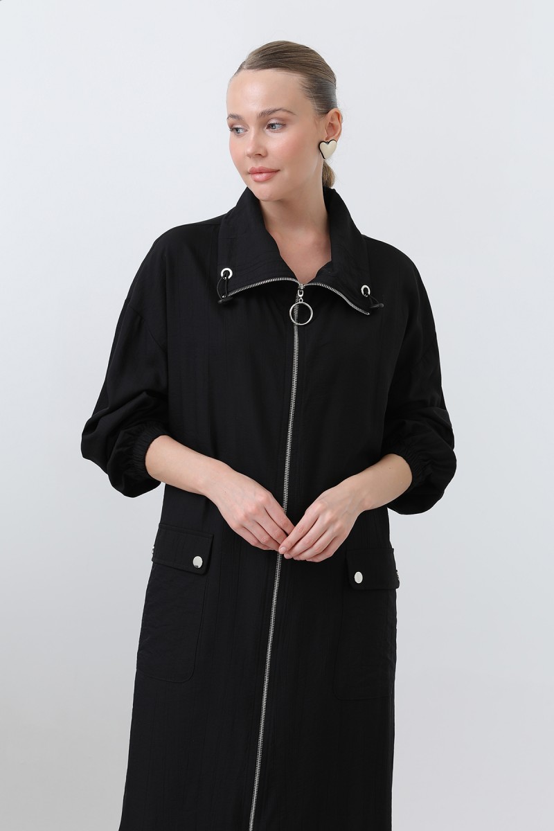 Women's Wide Collar Pocket Detailed Zippered Coat - 15202HRK