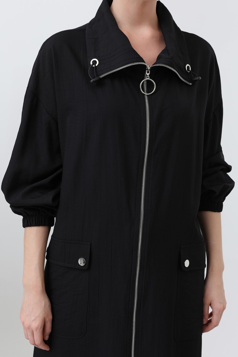 Women's Wide Collar Pocket Detailed Zippered Coat - 15202HRK