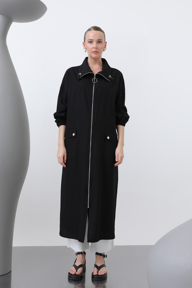 Women's Wide Collar Pocket Detailed Zippered Coat - 15202HRK
