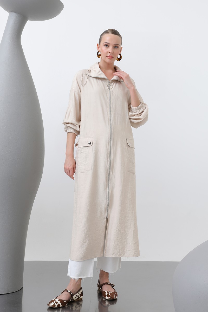 Women's Wide Collar Pocket Detailed Zippered Coat - 15202HRK