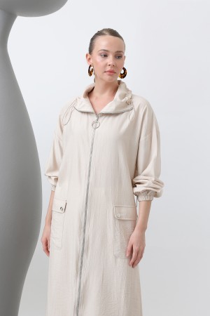 Women's Wide Collar Pocket Detailed Zippered Coat - 15202HRK