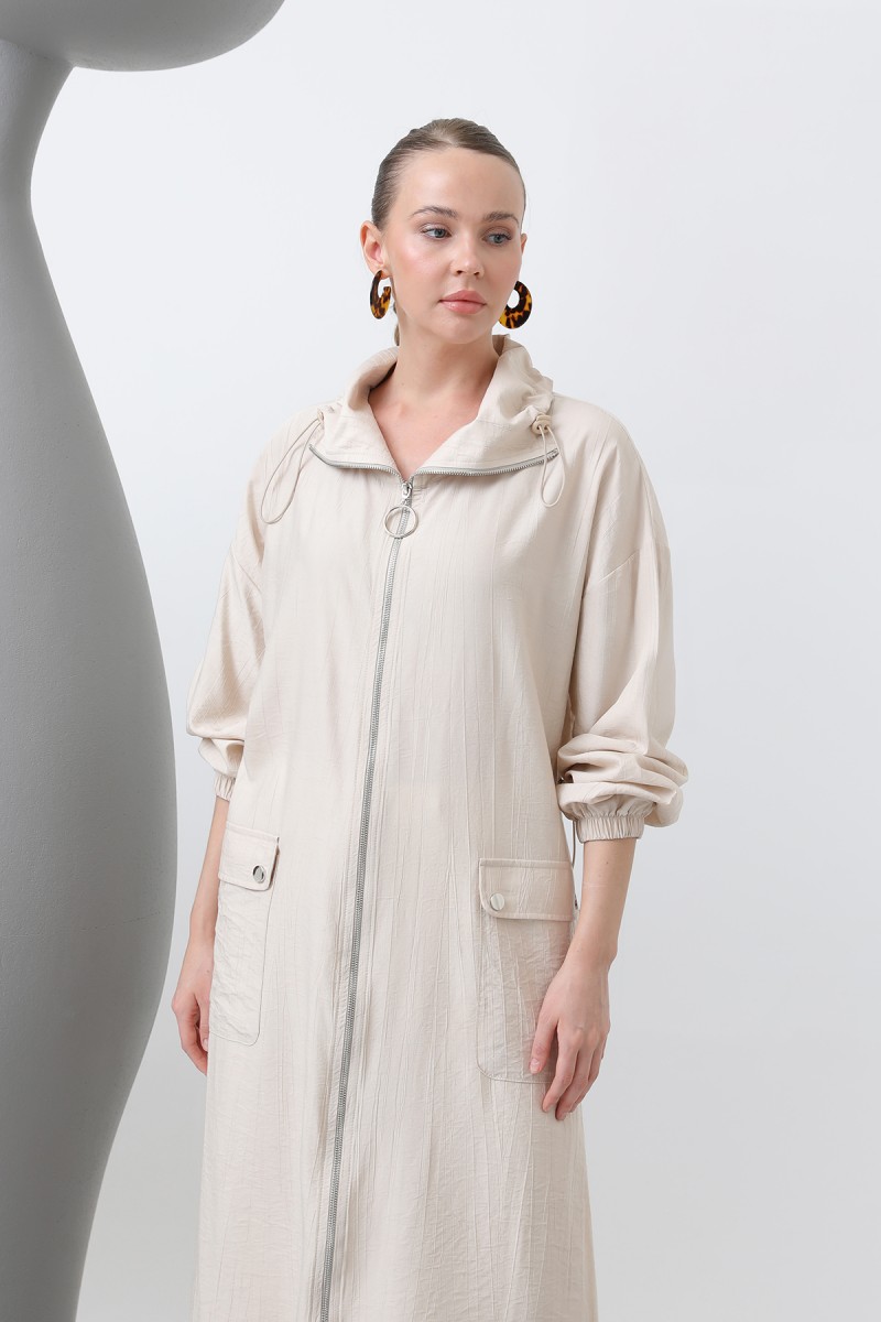 Women's Wide Collar Pocket Detailed Zippered Coat - 15202HRK