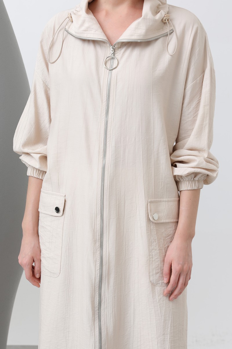 Women's Wide Collar Pocket Detailed Zippered Coat - 15202HRK