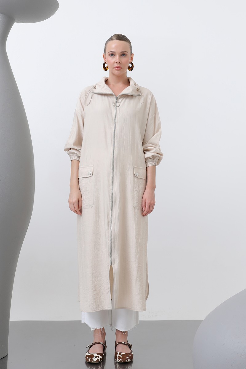 Women's Wide Collar Pocket Detailed Zippered Coat - 15202HRK