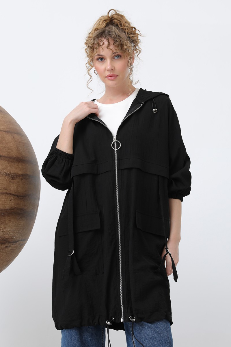 Women's Zipper and Pocket Detailed Hooded Tunic - 15203TUN Women's Zipper and Pocket Detailed Hooded Tunic - 15203TUN