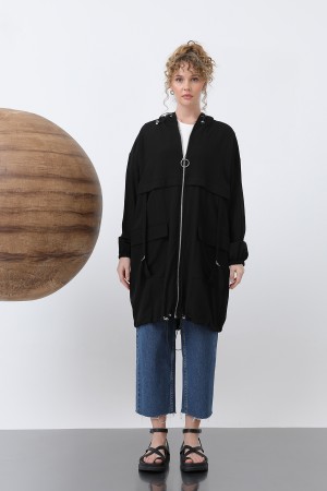 Women's Zipper and Pocket Detailed Hooded Tunic - 15203TUN Women's Zipper and Pocket Detailed Hooded Tunic - 15203TUN