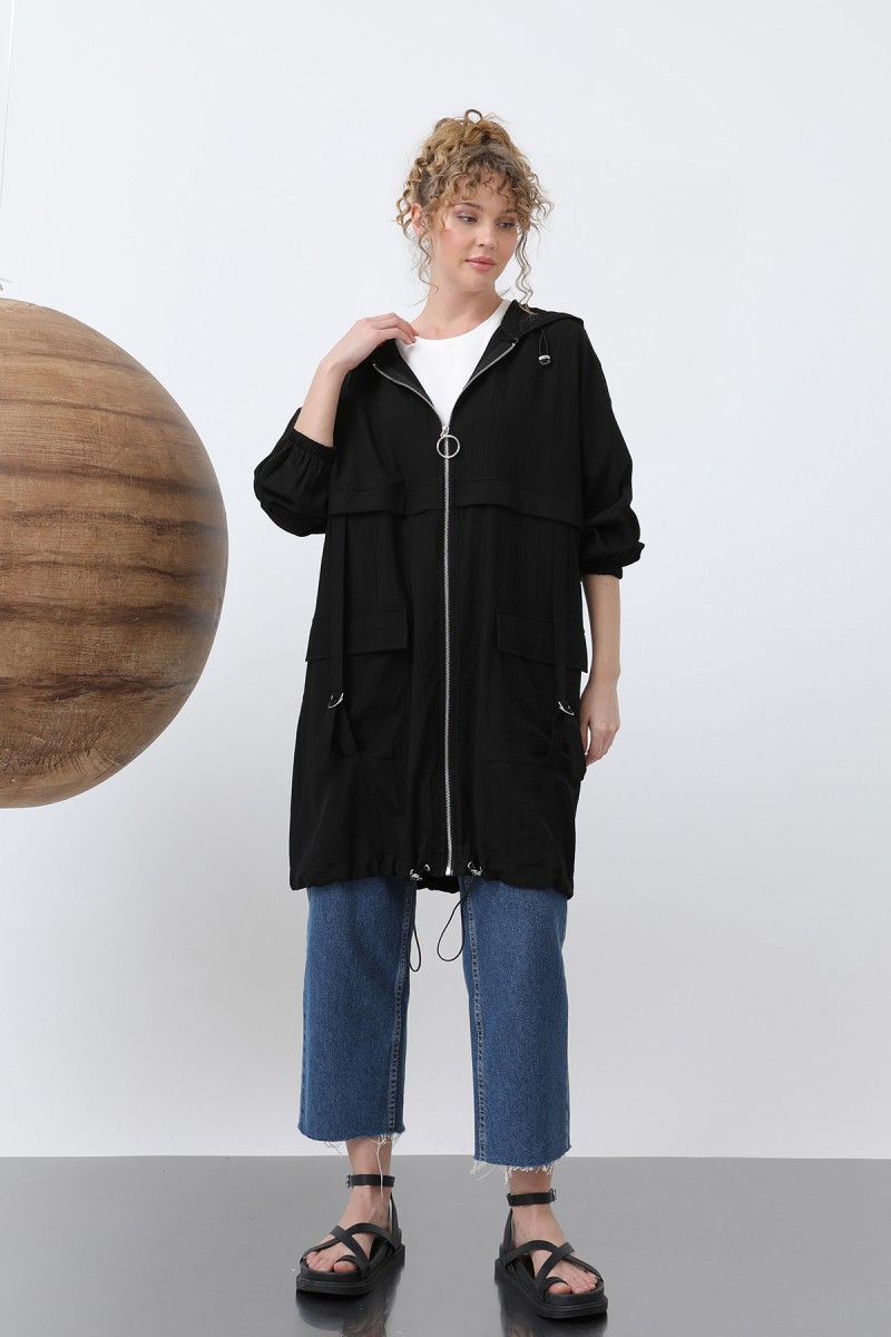 Women's Zipper and Pocket Detailed Hooded Tunic - 15203TUN Women's Zipper and Pocket Detailed Hooded Tunic - 15203TUN
