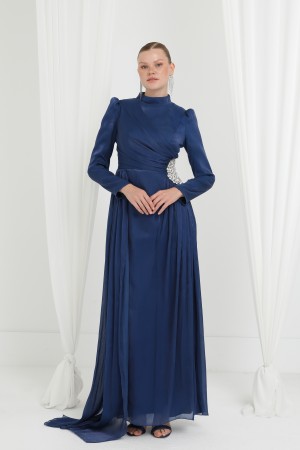 Kadın Taş Detaylı Saten Drape Abiye Elbise-17037ELB