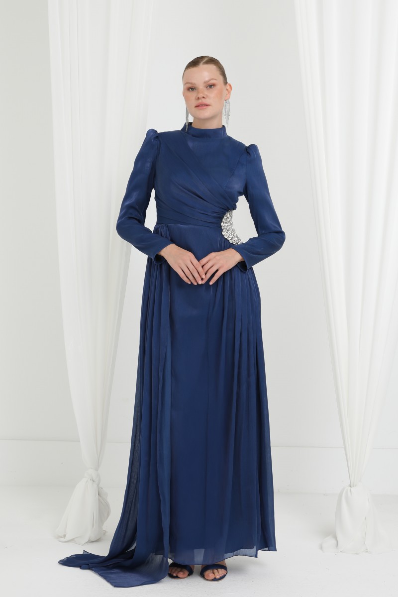Kadın Taş Detaylı Saten Drape Abiye Elbise-17037ELB