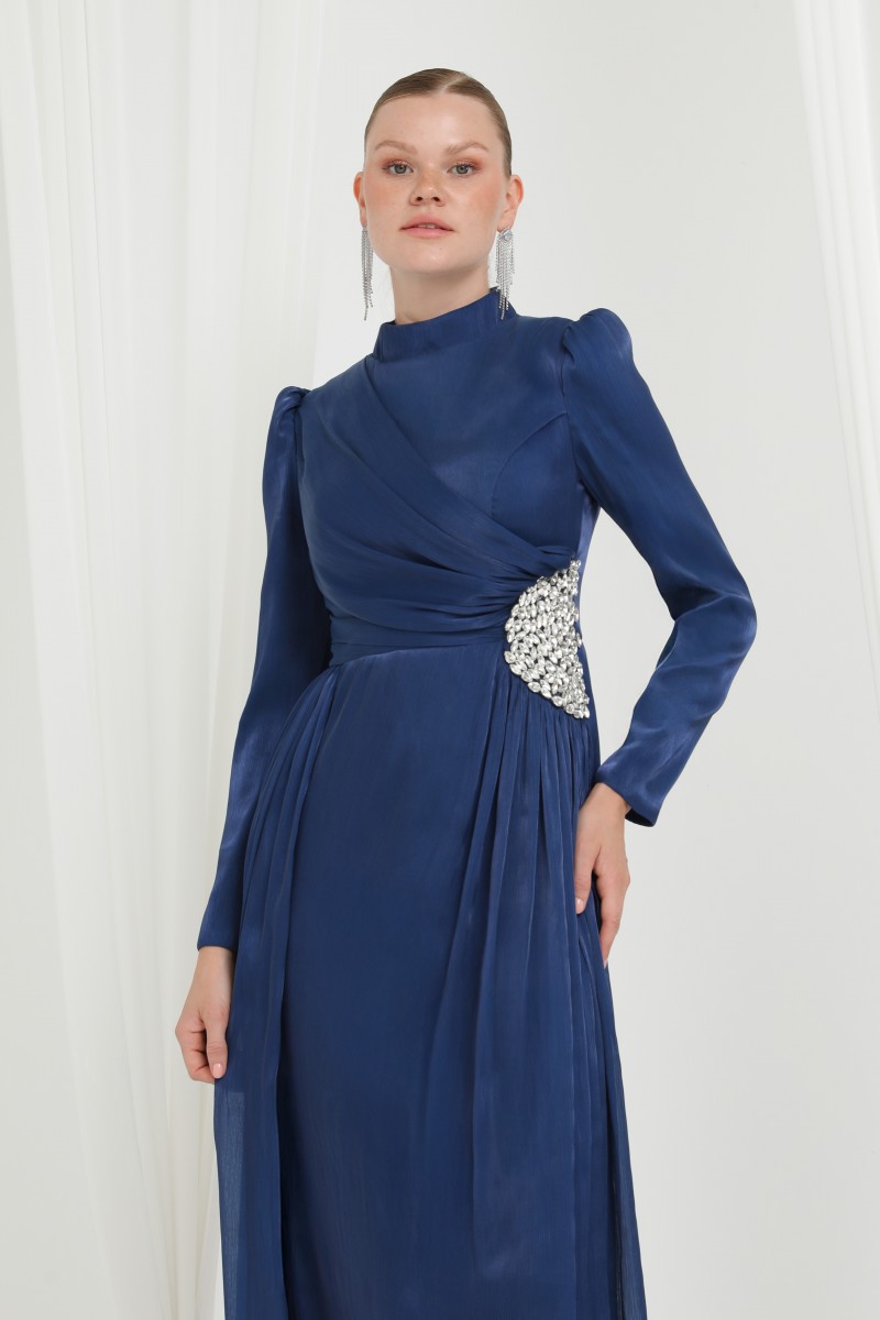 Kadın Taş Detaylı Saten Drape Abiye Elbise-17037ELB