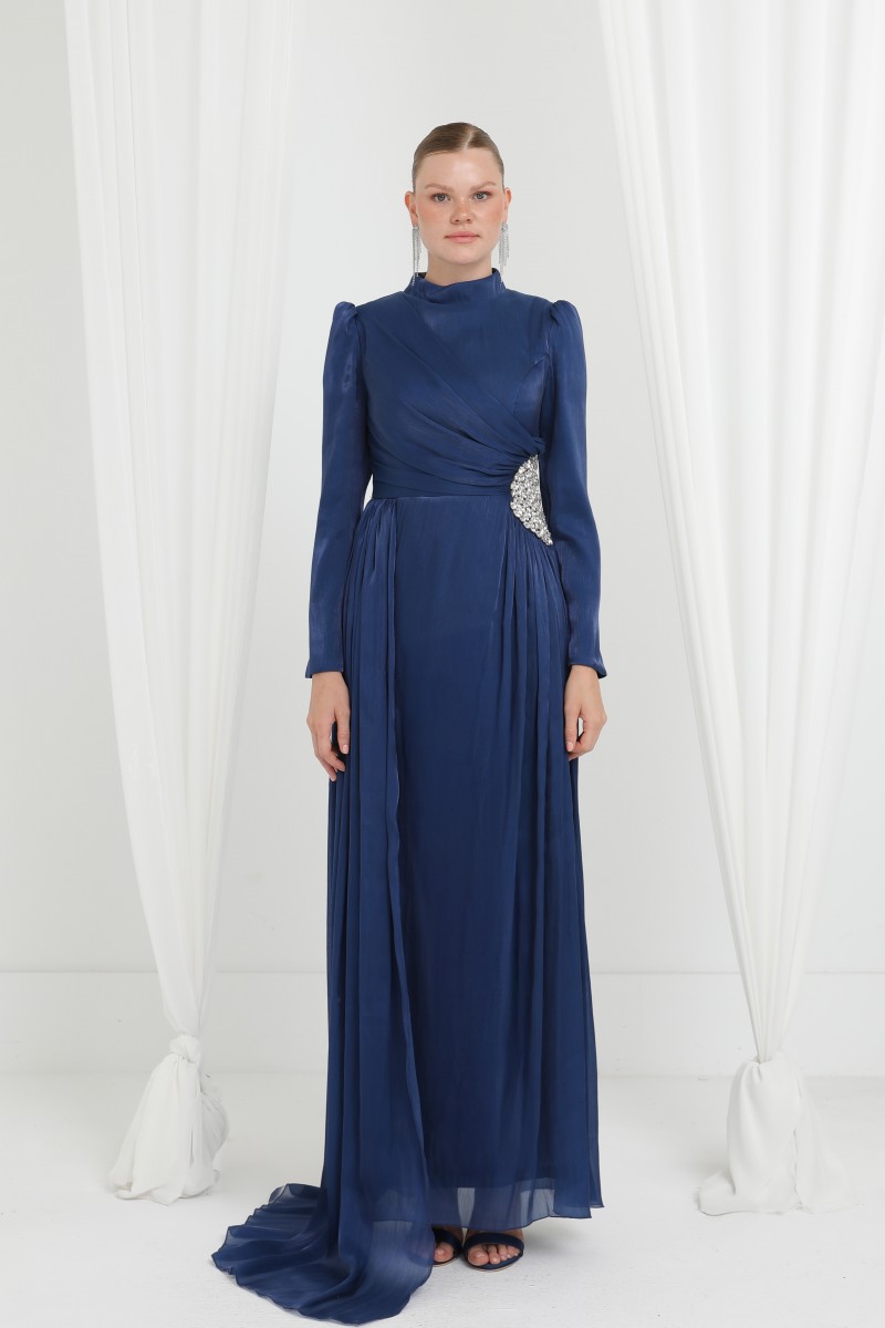 Kadın Taş Detaylı Saten Drape Abiye Elbise-17037ELB