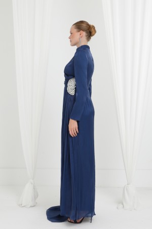 Kadın Taş Detaylı Saten Drape Abiye Elbise-17037ELB