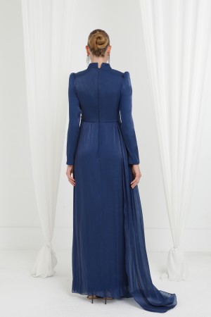 Kadın Taş Detaylı Saten Drape Abiye Elbise-17037ELB