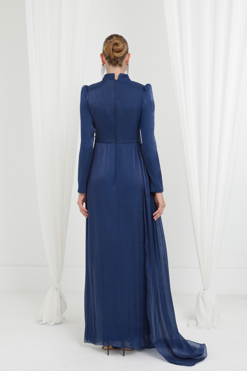 Kadın Taş Detaylı Saten Drape Abiye Elbise-17037ELB