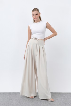 Kadın Beli Kuşaklı Pileli Bol Kesin Pantolon -18241PNT
