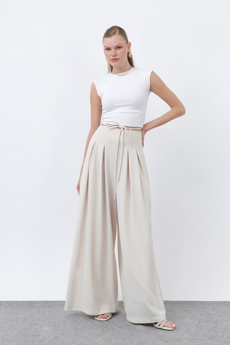 Kadın Beli Kuşaklı Pileli Bol Kesin Pantolon -18241PNT