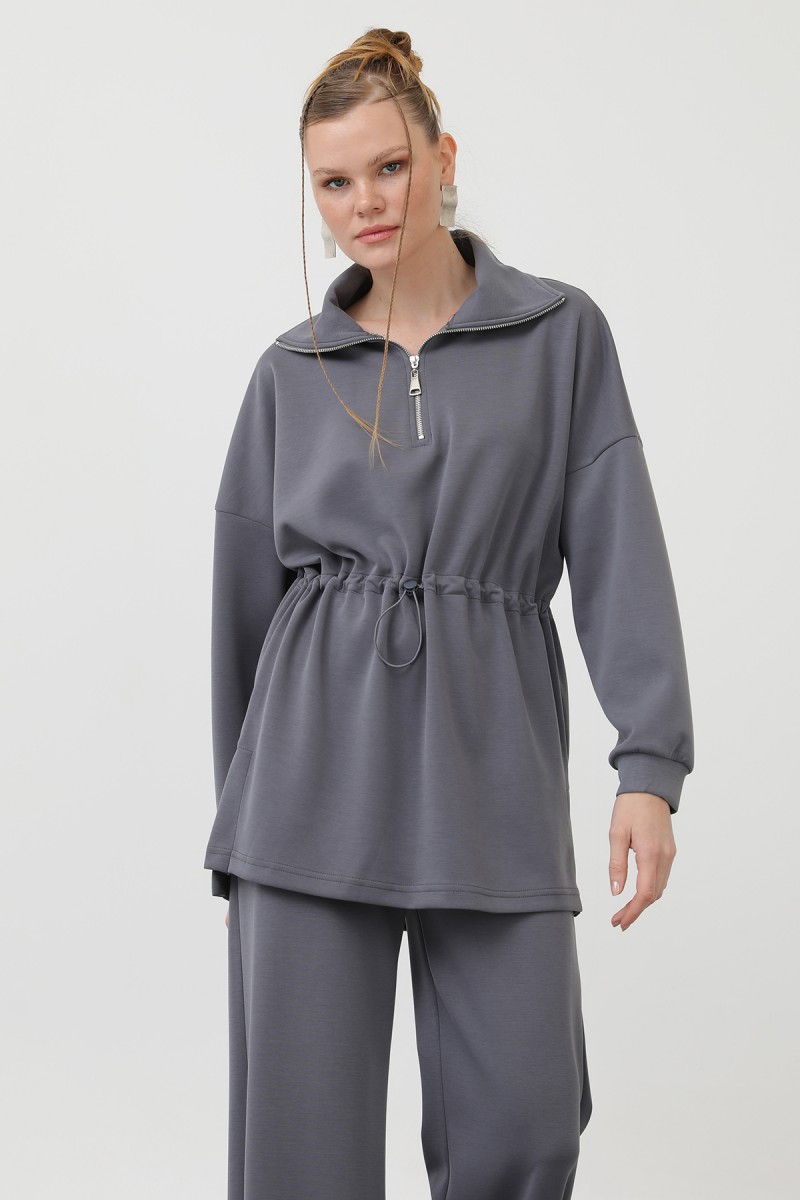 WOMEN'S WAIST ELASTIC DETAILED ZIPPERED COLLAR SET