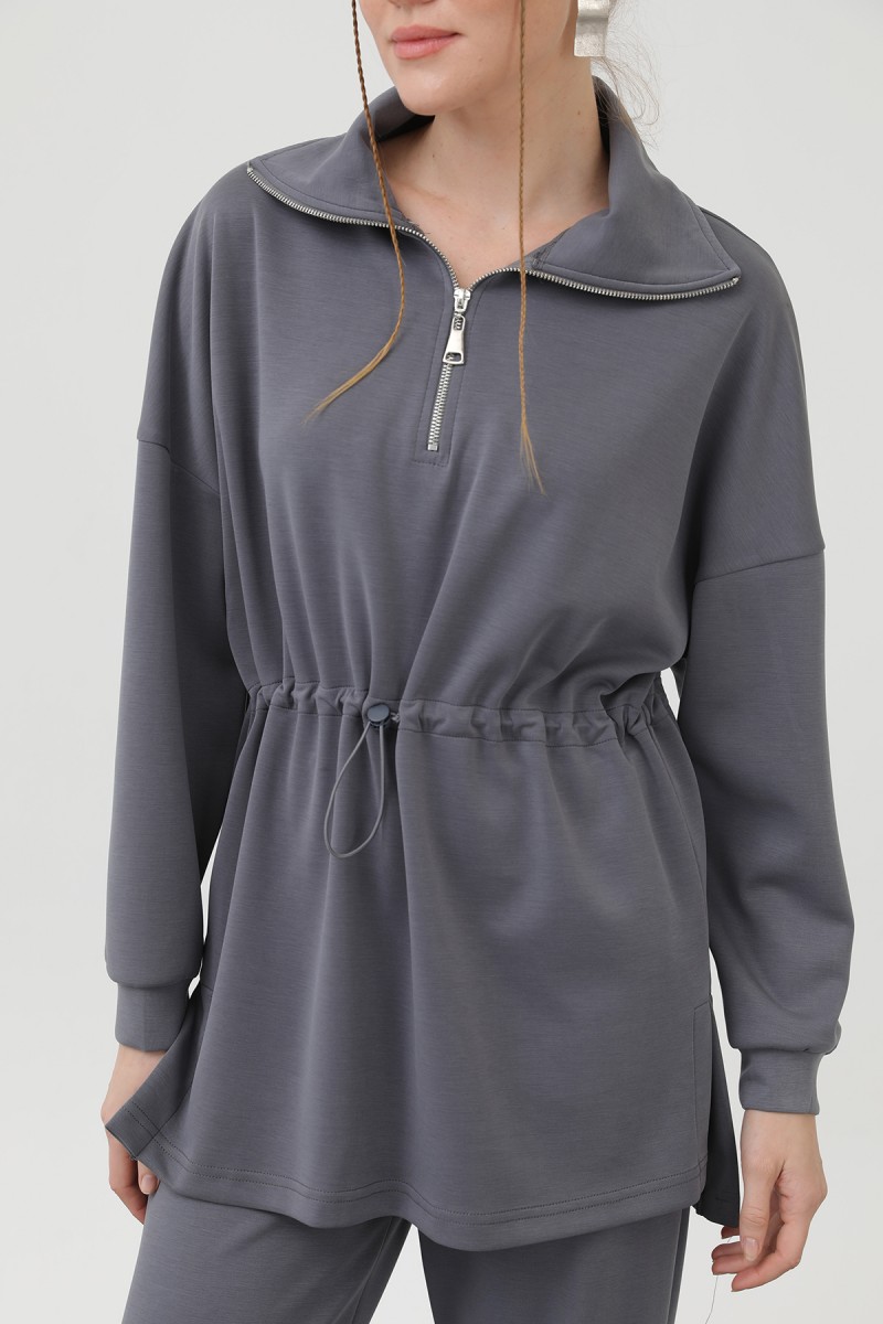 WOMEN'S WAIST ELASTIC DETAILED ZIPPERED COLLAR SET