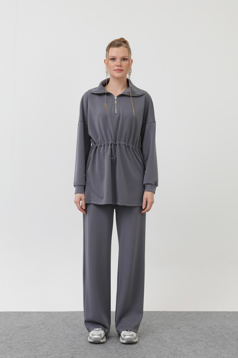 WOMEN'S WAIST ELASTIC DETAILED ZIPPERED COLLAR SET