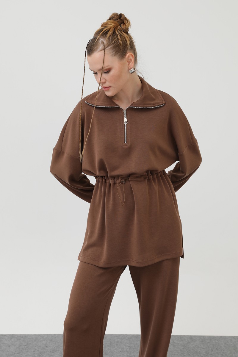 WOMEN'S WAIST ELASTIC DETAILED ZIPPERED COLLAR SET