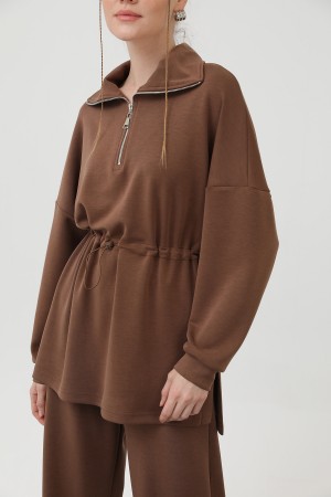 WOMEN'S WAIST ELASTIC DETAILED ZIPPERED COLLAR SET