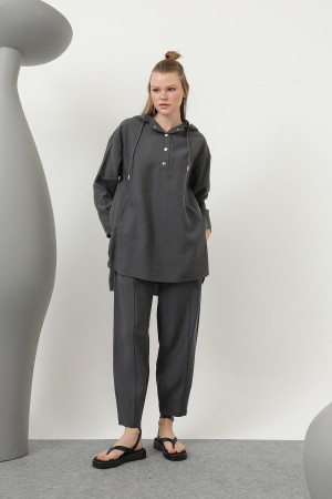 Women's Snap and Cord Detailed Hooded Trouser Set - 20609TKS Women's Snap and Cord Detailed Hooded Trouser Set - 20609TKS
