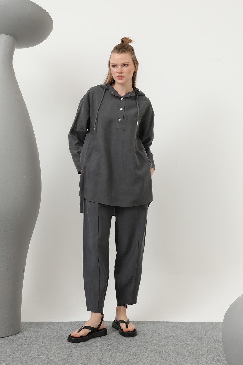 Women's Snap and Cord Detailed Hooded Trouser Set - 20609TKS Women's Snap and Cord Detailed Hooded Trouser Set - 20609TKS