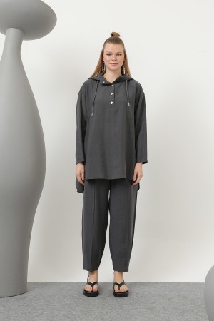 Women's Snap and Cord Detailed Hooded Trouser Set - 20609TKS Women's Snap and Cord Detailed Hooded Trouser Set - 20609TKS