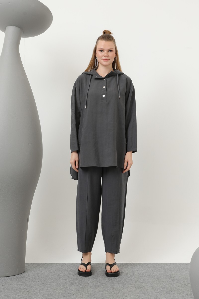 Women's Snap and Cord Detailed Hooded Trouser Set - 20609TKS Women's Snap and Cord Detailed Hooded Trouser Set - 20609TKS