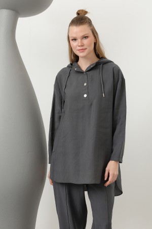 Women's Snap and Cord Detailed Hooded Trouser Set - 20609TKS Women's Snap and Cord Detailed Hooded Trouser Set - 20609TKS