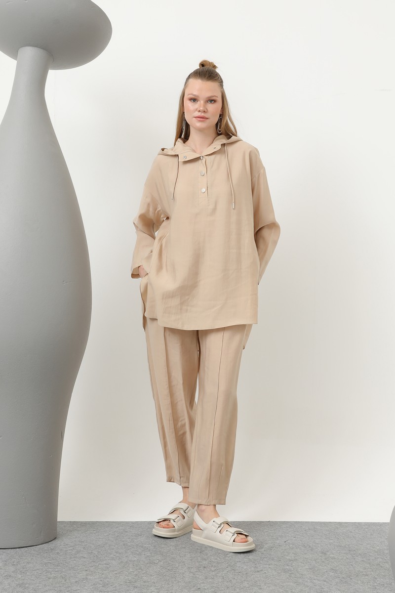 Women's Snap and Cord Detailed Hooded Trouser Set - 20609TKS
