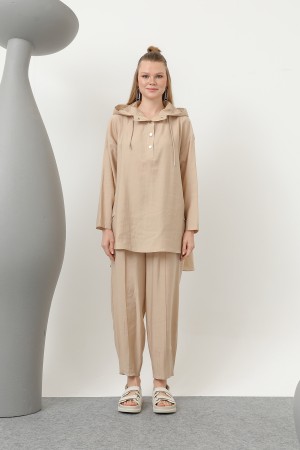 Women's Snap and Cord Detailed Hooded Trouser Set - 20609TKS