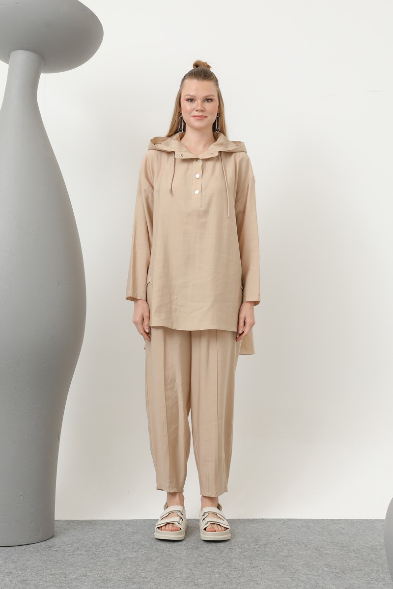 Women's Snap and Cord Detailed Hooded Trouser Set - 20609TKS